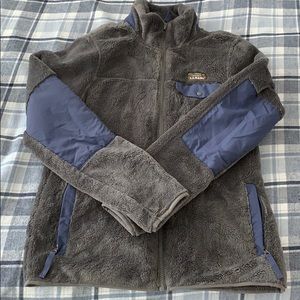 grey and blue LL Bean hi-pile jacket